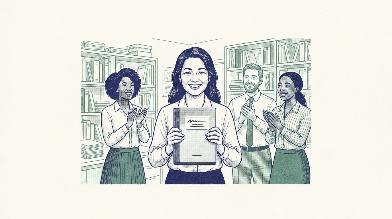 An engraving of a researcher holding up a journal issue while colleagues applaud.