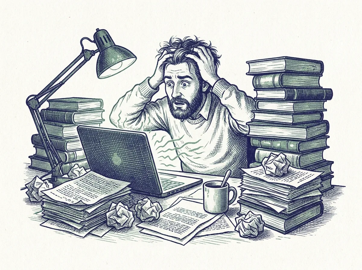 An engraving of a frazzled researcher clutching his hair at a laptop between towers of books.