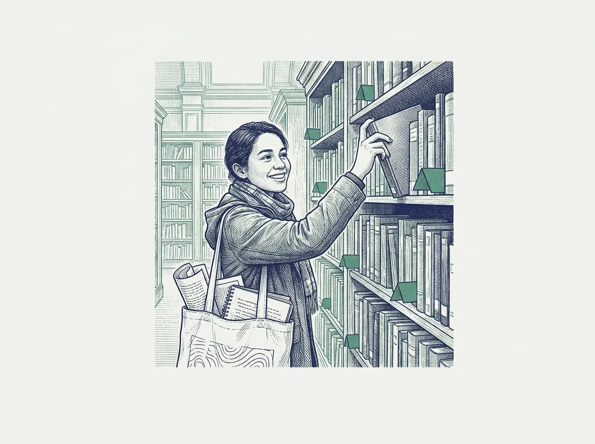 An engraving of a graduate student pulling a bookmarked book from a library shelf.