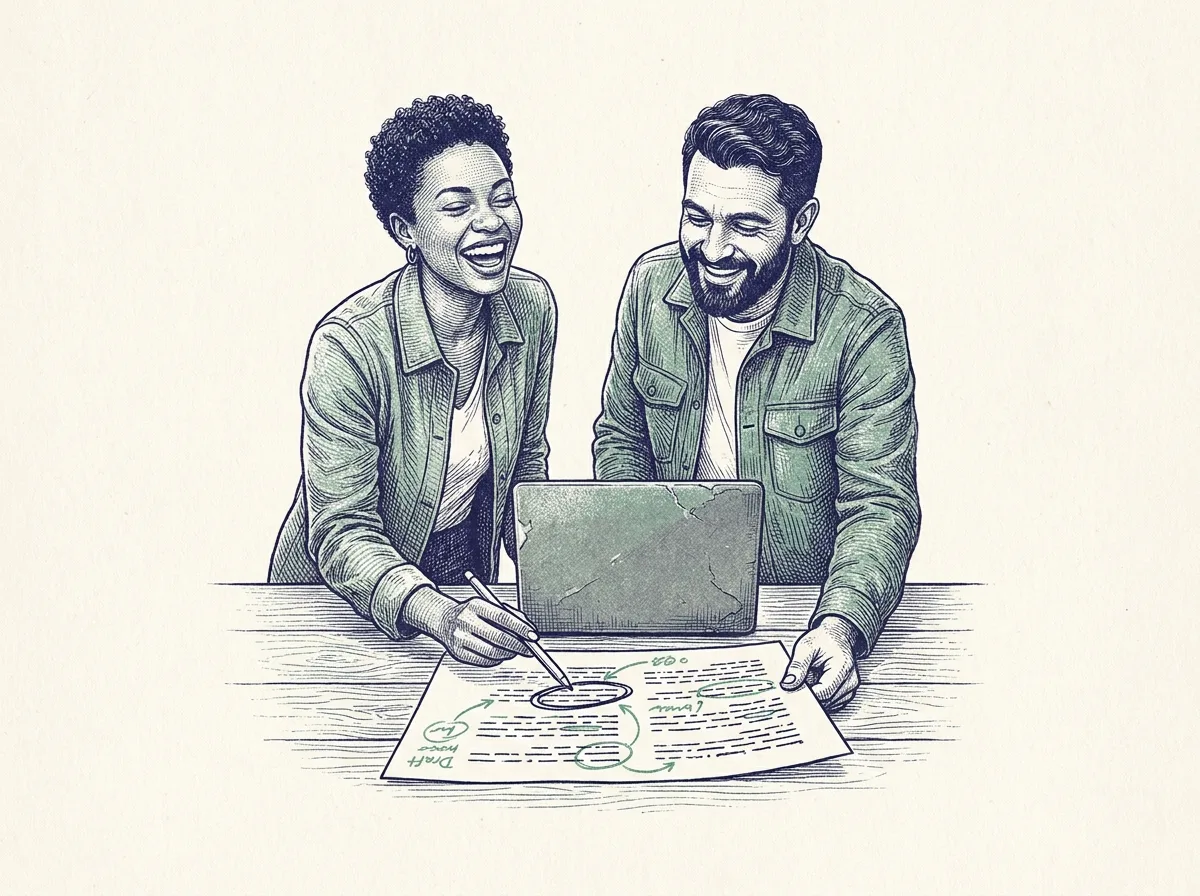An engraving of two researchers laughing over an annotated printed draft.