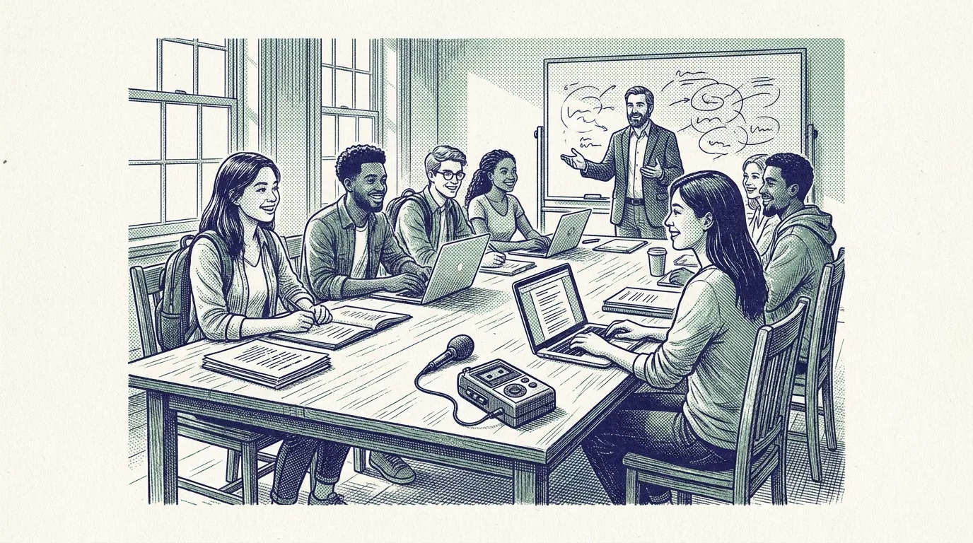 An engraving of a cheerful seminar: students with laptops, a lecturer and an audio recorder on the table.
