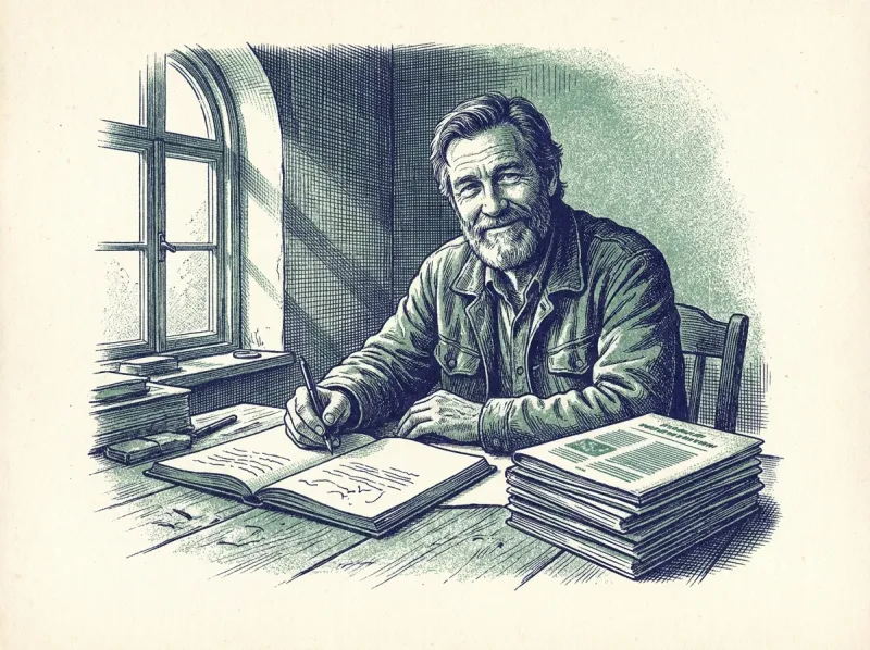 An engraving of a smiling older scholar writing by hand beside a stack of his earlier articles.